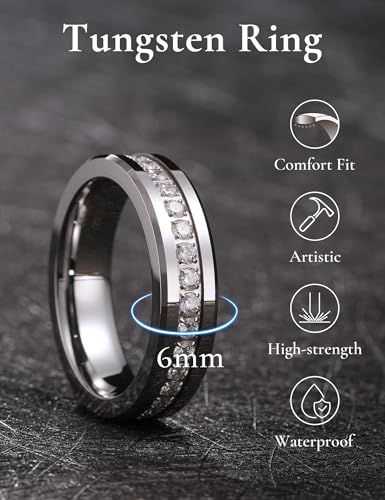 King Will 8mm Tungsten Carbide Rings for Men Cubic Zircon Stones Inlay - color: Silver 6mm