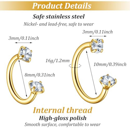 Lusofie 16g Horseshoe Nose Ring with Piercing Changing Tool - Gold Septum Rings Double Gem Surgical Steel Cartilage Helix Tragus Earring Hoop - Lip Ring Labret Piercing Jewelry 8mm 10mm