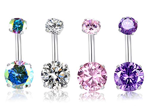 HQLA 14G Belly Button Rings Surgical Stainless Steel Round Cubic Zirconia Navel Barbell Stud Body Piercing - color: 4Pcs(Clear+Pink+Purple+AB Color)