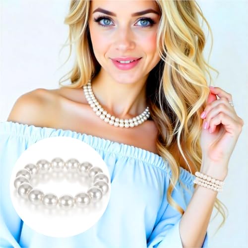 5 PCS Pearl Bracelets for Women, White Elegant Bridesmaid Bracelets, Bridal Wedding Stackable Bracelet Faux Pearl Beaded Bracelet Set Gift