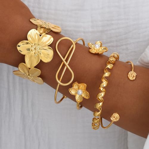 Golden Stackable Bracelets Set for Women Trendy Multi Layer Adjustable Chunk Flower Cuff Bracelet Geometric Irregular Wave Statement Bangle Glamour Stacking Cuff Jewelry - color: Gold-B