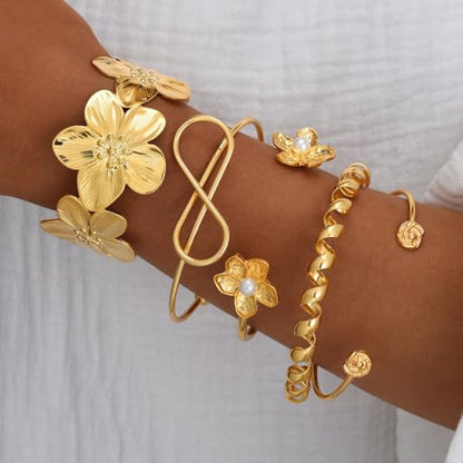 Golden Stackable Bracelets Set for Women Trendy Multi Layer Adjustable Chunk Flower Cuff Bracelet Geometric Irregular Wave Statement Bangle Glamour Stacking Cuff Jewelry - color: Gold-B