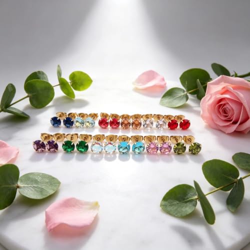 12 Pairs Ear Piercing Stud Earrings for Ear Piercing Guns, Surgical Stainless Steel Multicolor Round Heart Star Cubic Zirconia Birthstone Stud Earrings Set - style: Gold round A-4mm