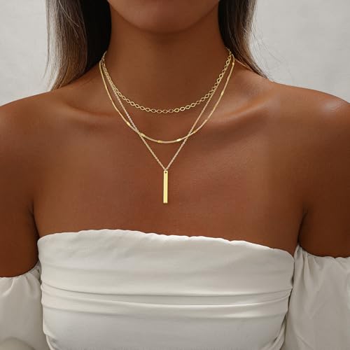 Gold Necklace for Women 14K Gold Plated Layered Cross Bar Necklace Herringbone Figaro Paperclip Flat Chain Cute Charm Accessories Non Tarnish Jewelry Set Gifts for Women - style: R-NK-07-Bar-GD
