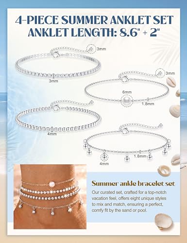 Subiceto Ankle Bracelets for Women Waterproof - 14K Gold Plated Non Tarnish Anklets Set Dainty Stainless Steel Stackable Layered for Beach Summer Jewelry Adjustable - color: 4Pcs CZ-Silver