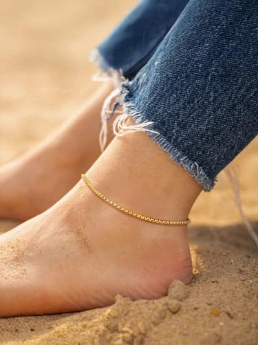 FindChic Stainless Steel Ankle Bracelets for Women, Waterproof Figaro/Cuban/Box/Beaded Chain Anklets, Summer Beach Foot Jewelry, 8.5''-10.5'' Adjustable Length, with Gift Box - style: Box Chain-Gold