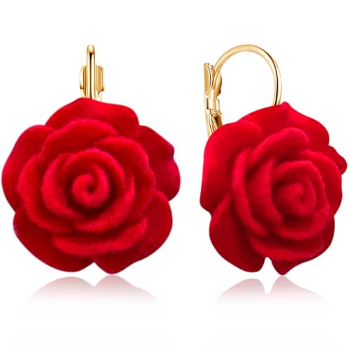Handmade Bohemian Aesthetic Dainty Acrylic Flower Petal Leverback Earrings Sparkly 14K Gold Floral Dangle Drop Earrings for Women - color: Bright Red