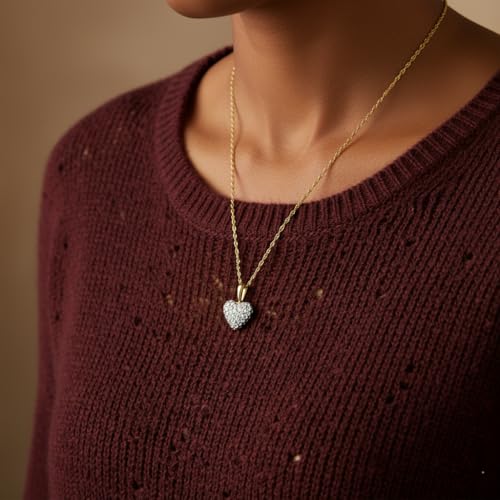 Jewelili Puffed Heart Necklace Pendant 10K Yellow Gold with White Round Cubic Zirconia 18 inch 14K Gold Chain