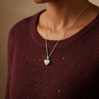 Jewelili Puffed Heart Necklace Pendant 10K Yellow Gold with White Round Cubic Zirconia 18 inch 14K Gold Chain
