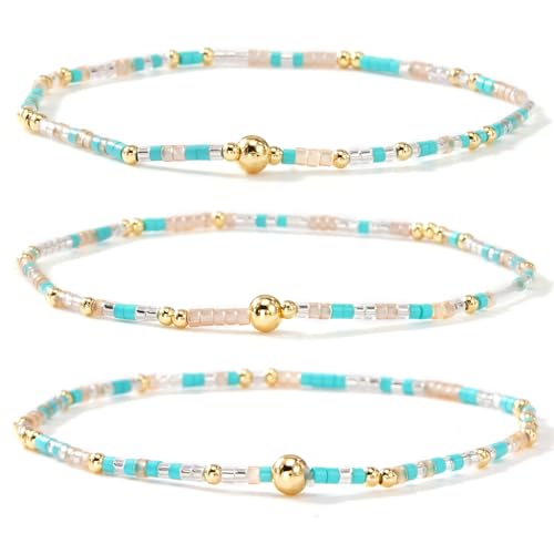 Colorful Gold Beaded Bracelets for Women Boho Tiny Gold Plated Ball Stretch Stackable Small Seed Beads Bracelet Stack Trendy Jewelry Set Dainty Vacation Friendship Christmas Gifts for Women - color: Green
