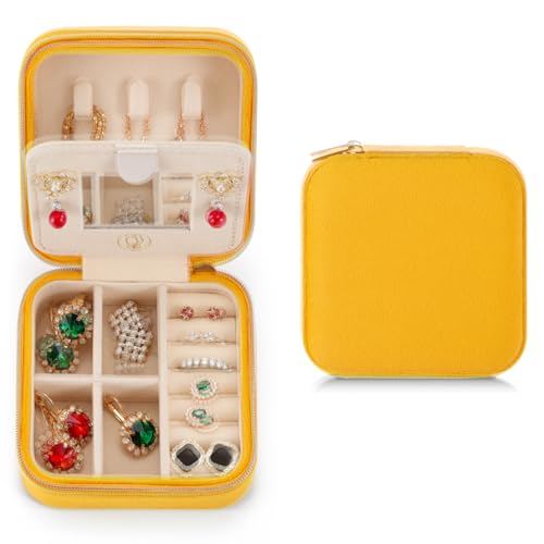 ZPROW Plush Velvet Travel Jewelry Case, Organizer, Box, Small Case for Women, Earring Organizer with Mirror, Best Gifts For Daughter, Girlfriend, Mom - Yellow - color: Velvet 1 Pack - Yellow