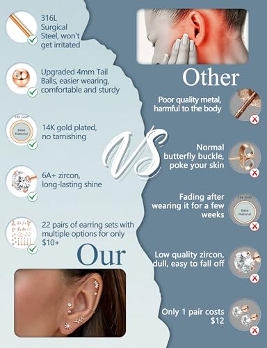 ORAZIO 16 Gauge Cartilage Earrings for Women-Hypoallergenic Surgical Stainless Steel Tragus Earring Set Threadless Flat Back Earrings Push in Nose Studs Daith Conch Tragus Helix Piercing Jewelry - color: Rose Gold Tone