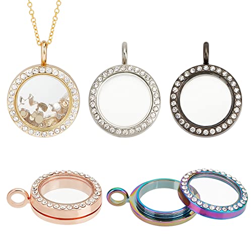 PH PandaHall 5 Colors Rhinestone Photo Charms, 5pcs 1" Photo Frame Charms Round Crystal Photo Pendant Memory Locket Charm for Wedding Bridal Bouquet Keychain Jewelry Making - color: 5 Colors, size: 1"