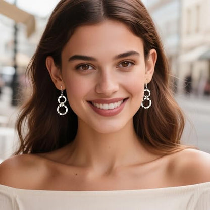 ALEXCRAFT Gold Hammered Double Circle Leverback Dangle Earrings | Hypoallergenic, Drop Handmade, Hammered Round, Minimalist Boho - color: Hammered-Silver