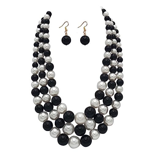 Rosemarie & Jubalee Women's 3 Colorful Multi Strands Simulated Pearl Necklace And Earrings Jewelry Gift Set, 18"+3" Extender - color: Black White Pearl Gold Tone