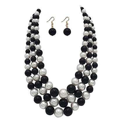 Rosemarie & Jubalee Women's 3 Colorful Multi Strands Simulated Pearl Necklace And Earrings Jewelry Gift Set, 18"+3" Extender - color: Black White Pearl Gold Tone