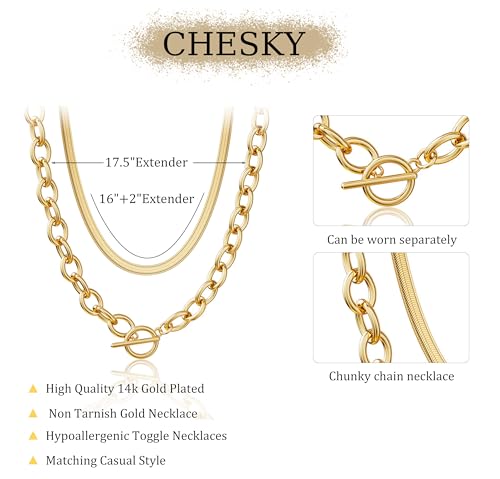 CHESKY 14K Gold Plated Chunky Necklace for Women, Trendy Toggle Clasp | Statement Pendant Necklace, Layered Paperclip Chain, Toggle Clasp Design, Thick Gold Chain, Non Tarnish Everyday Jewelry - color: gold, style: paperclip+herringbone