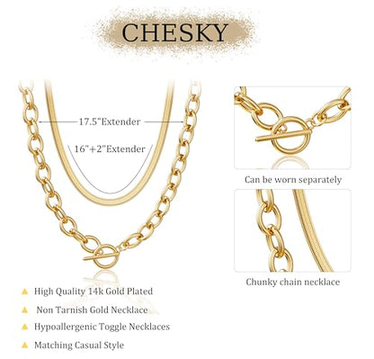 CHESKY 14K Gold Plated Chunky Necklace for Women, Trendy Toggle Clasp | Statement Pendant Necklace, Layered Paperclip Chain, Toggle Clasp Design, Thick Gold Chain, Non Tarnish Everyday Jewelry - color: gold, style: paperclip+herringbone