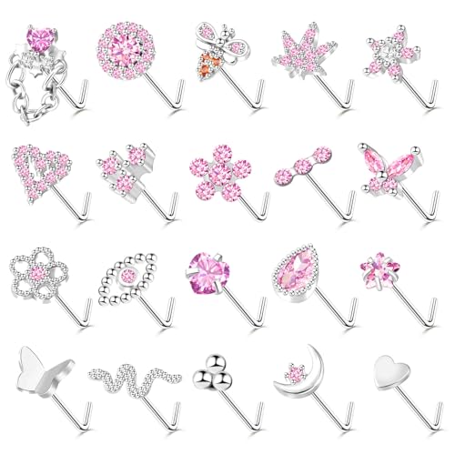 35-70 PCS 18G 20G Nose Rings for Women & Men - Gold Hoops, L Shape, Studs & Screw - 316L Surgical Stainless Steel - color: Silver-Pink CZ-20G-20pcs