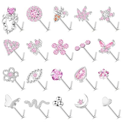 35-70 PCS 18G 20G Nose Rings for Women & Men - Gold Hoops, L Shape, Studs & Screw - 316L Surgical Stainless Steel - color: Silver-Pink CZ-20G-20pcs