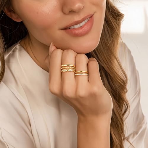 Turandoss Gold Stackable Rings Set for Women Non Tarnish | 14K Gold Plated, Trendy CZ Stackable Engagement Rings Stack, Thin Thumb Wedding Bands Ring Set, Size 6 7 8 9, 5PCS - color: 14K Gold-Plated
