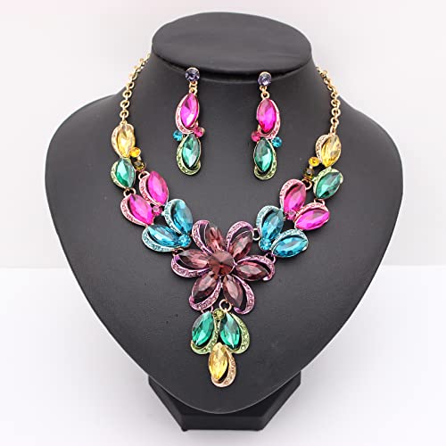 Jewelry Set for Women Rhinestone Austrian Crystal Statement Flower Necklace Link Bangle Bracelet Dangle Earrings Rings Allergy Free Wedding Party Jewelry Set for Bridal Bridesmaid - color: Multicolor-Gold Plated