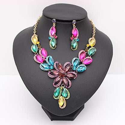 Jewelry Set for Women Rhinestone Austrian Crystal Statement Flower Necklace Link Bangle Bracelet Dangle Earrings Rings Allergy Free Wedding Party Jewelry Set for Bridal Bridesmaid - color: Multicolor-Gold Plated