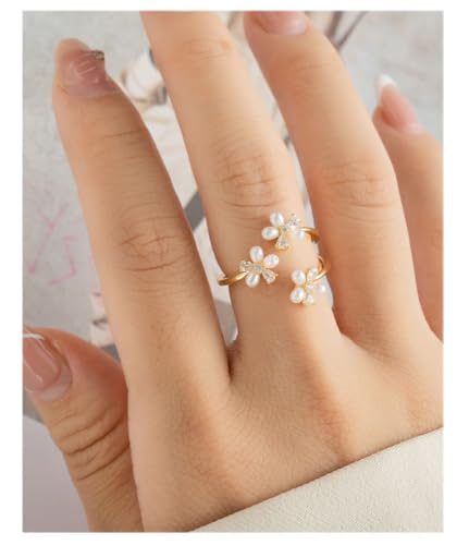 Kokoma Dainty Flower Ring for Women Sparkling Cubic Zirconia Daisy Open Statement Rings Pearl Chic Engagement Promise Ring Wrap Finger Band - color: Pearl