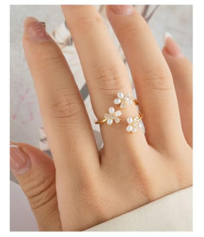 Kokoma Dainty Flower Ring for Women Sparkling Cubic Zirconia Daisy Open Statement Rings Pearl Chic Engagement Promise Ring Wrap Finger Band - color: Pearl