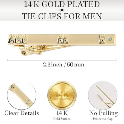 HAWSON Light Gold Silver Tie Clips for Mens Necktie, Elegant Satin Tie Bars Pins Tacks, Suit Tie Accessories Business Wedding Gifts - style: Light Gold Classic 3 With Rhinestones