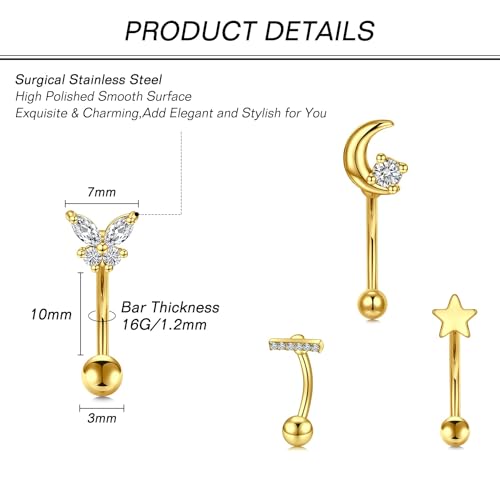 Zolure Rook Daith Piercing Jewelry 16G Eyebrow Rings for Women Rook Earring Curved Barbell Tragus Cartilage Vertical Labret Lip Piercing Jewelry Hypoallergenic - color: 16G 10mm #1G
