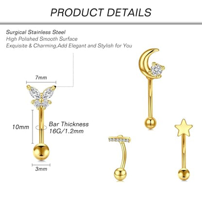 Zolure Rook Daith Piercing Jewelry 16G Eyebrow Rings for Women Rook Earring Curved Barbell Tragus Cartilage Vertical Labret Lip Piercing Jewelry Hypoallergenic - color: 16G 10mm #1G