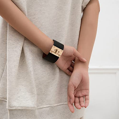 Rantanto Leather Wrap Bracelets For Women Gold Twist Lock Buckle Wrist Cuff | PU leather,Skin-friendly,Boho Stackable Wristband,Fashion Daily Jewelry,Trend Casual Party Bangle,Fit For Birthday, Holiday - color: Wide Black
