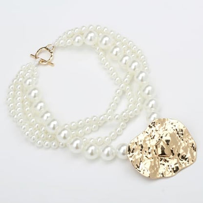 Multi Strand Bead Pendant Necklace for Women Stone Wood Pearl Jewelry | Gold Color Metal Charm Fashion Ethnic Tribal Elegant Statement - color: N1537-pearl
