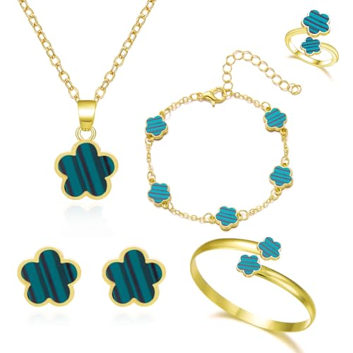 Clover Jewelry Set for Women Non Tarnish Gold-Tone Five Leaf Clover Necklace, Earrings, Ring, Bracelet Fashion Simple Floral Jewelry Set - color: Green