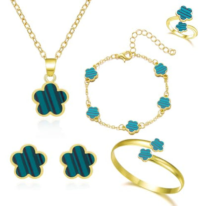 Clover Jewelry Set for Women Non Tarnish Gold-Tone Five Leaf Clover Necklace, Earrings, Ring, Bracelet Fashion Simple Floral Jewelry Set - color: Green