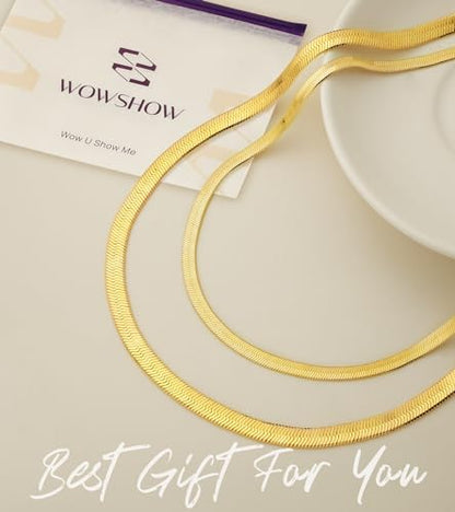 Wowshow 14K Gold Plated Italian Snake Chain Necklace Flat Herringbone Choker Dainty Necklace Bracelet Set for Women 16-18-20 Inch - color: 4.5mm-18 Inches-Necklace