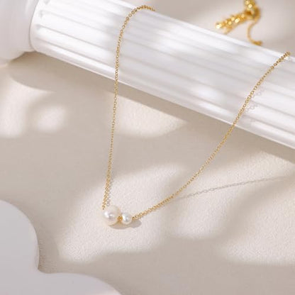 Gold Pearl Necklaces for Women Trendy, 14K Gold Plated Dainty Necklace Simple Single Double Layered Pearl Pendant Necklaces for Women Wedding Birthday Jewelry Gifts - color: 1-Double Pearl - Gold