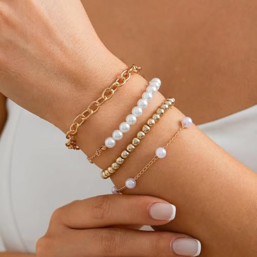 NEWITIN 69 Pieces Gold Jewelry Set for Women Fashion Costume Jewelry Gold Plated Necklace Bracelet Earrings Set for Women - color: Pearl Jewelry Set