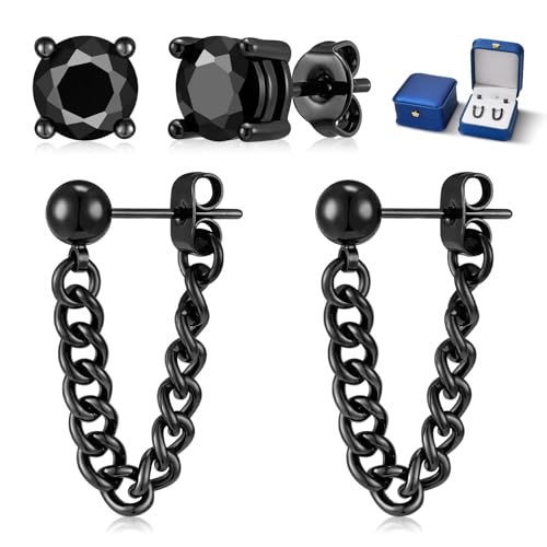 Black Moissanite Stud Earrings for Men Women with Dangling Cuban Links Hypoallergenic Punk Hoop Earrings Mens Jewelry Gifts - color: C- 1.6 carats-(0.8ct*2)-6mm Round Moissanite Studs ‌&‌ 5mm Bead Chain Hoops