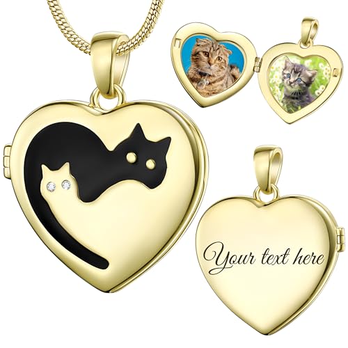 Fanery Sue Personalized Pet Locket Picture Necklace,Dog Cat Memory Gift | Custom Engraved Heart Photo Lockets Necklaces,Dog Cat Sympathy Memorial Jewelry for Women Men - color: Golden, style: 2 Cats