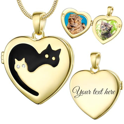 Fanery Sue Personalized Pet Locket Picture Necklace,Dog Cat Memory Gift | Custom Engraved Heart Photo Lockets Necklaces,Dog Cat Sympathy Memorial Jewelry for Women Men - color: Golden, style: 2 Cats