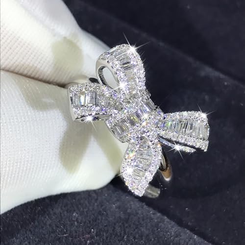 Sparkly Rhinestone Bow Rings for Women Adjustable Cocktail Statement Finge Ring Pave Crystal Bow Open Ring Promise Engagement Wedding Party Jewelry - style: Silver
