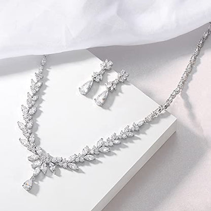 Jewelry Set for Women, Cubic Zirconia Necklace Dangle Earrings & Bracelet Jewelry Set for Bride Bridesmaid Wedding Engagement Prom Party - style: Silver-Necklace+Earrings