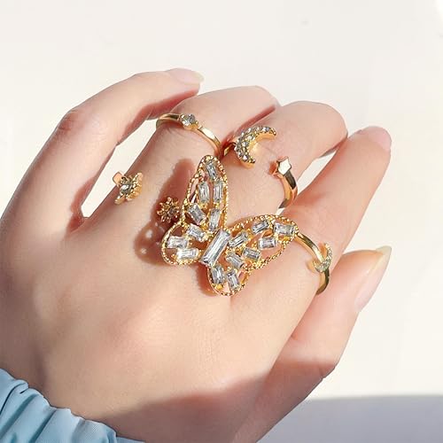HUASAI Gold Stackable Rings Set for Women Boho Dainty Moon Star Pearl Leaf Cubic Zirconia Heart Midi Pinky Trendy Jewelry Birthday Gifts - color: Y Gold Butterfly Rings 5 Pcs