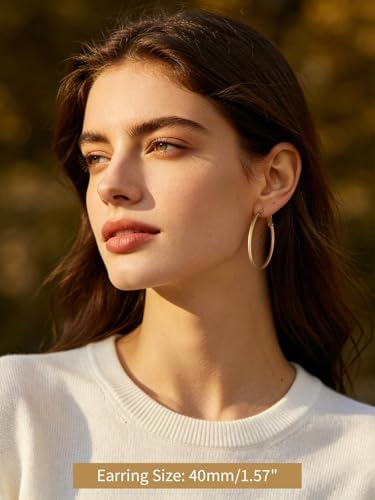 FindChic Thin Hoop Earrings for Women,Silver/Black/Gold Plated 20-100mm - color: Gold, size: 40mm