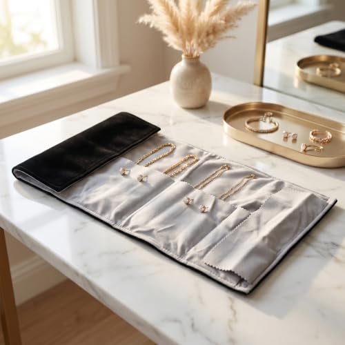 Vaguelly Velvet with Structure and Rollup Roll Multiple Compartments Independent Jewelry Organizer Portable Bag for Necklaces Earrings Travel for Business Trips and Weekend