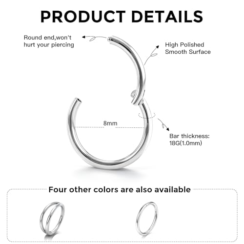 Titanium Septum Ring 5pcs, 18g Nose Rings Hoops for Women Men, Hypoallergenic Septum Rings Septum Hoop Daith Cartilage Tragus Helix Rook Piercing - color: 2 Pcs Silver, size: 18 Gauge 8mm