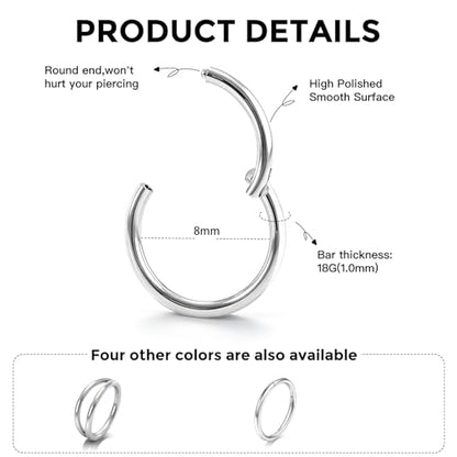 Titanium Septum Ring 5pcs, 18g Nose Rings Hoops for Women Men, Hypoallergenic Septum Rings Septum Hoop Daith Cartilage Tragus Helix Rook Piercing - color: 2 Pcs Silver, size: 18 Gauge 8mm