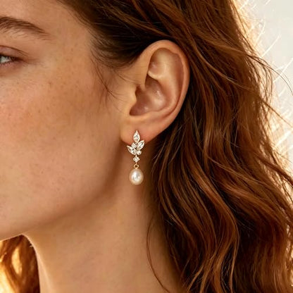 Pearl Earrings for Women, 14k Gold Plated Trendy Diamond Pearl Drop Earrings Hypoallergenic Dainty Bridal Gifts Wedding jewelry for Women - color: Silver-Pearl Style G